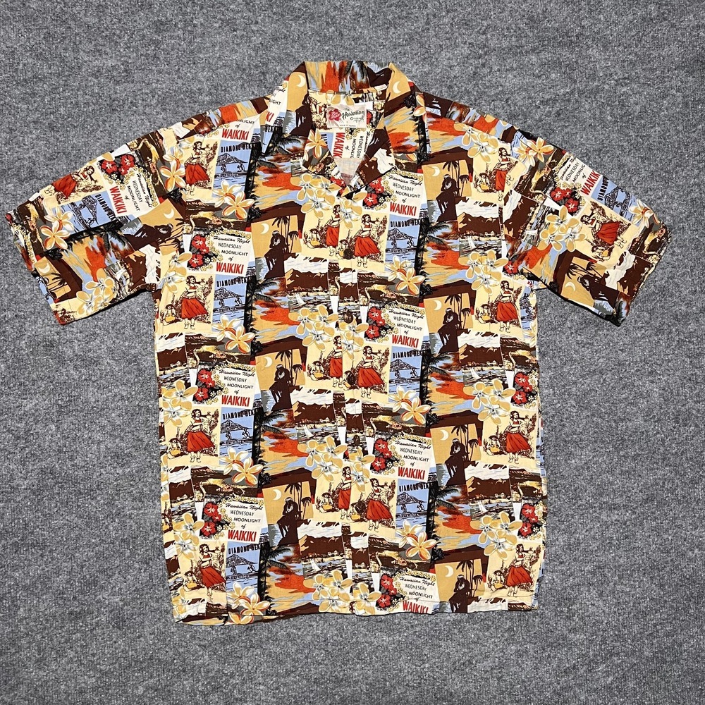 Hilo Hattie Hawaiian Nights Shirt Mens Size S‎ Waikiki Hula Girl Made In USA
